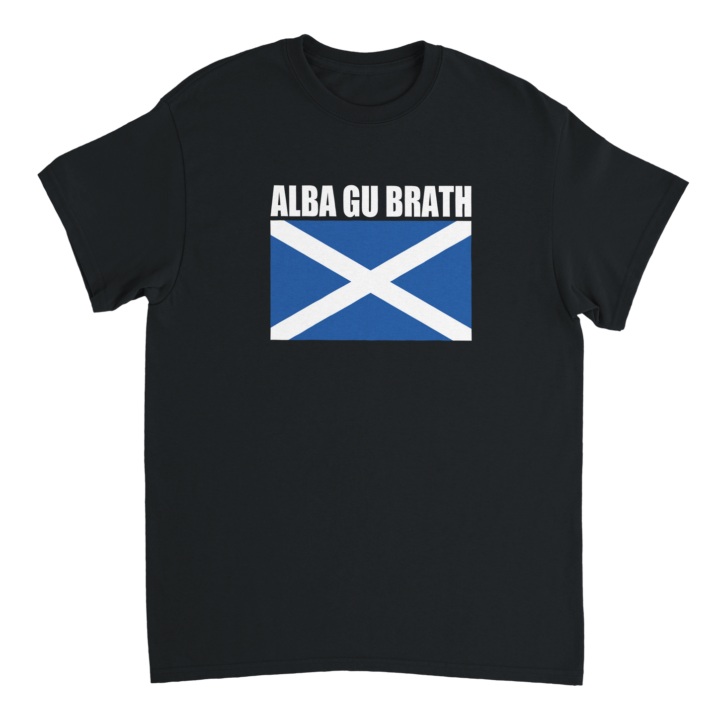 Black t-shirt with Scottish flag and 'ALBA GU BRATH' text
