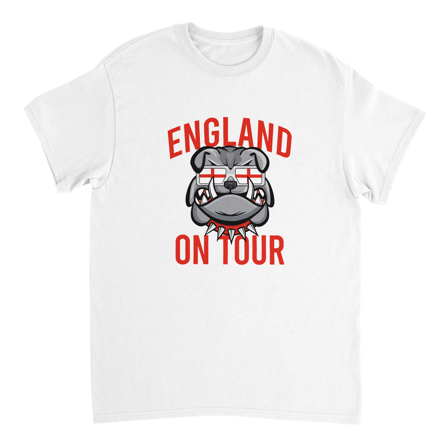 England On Tour T-Shirt - Retro England Football shirt design featuring the classic English Bulldog with St George's Cross flag sunglasses. Italia 90 vibes