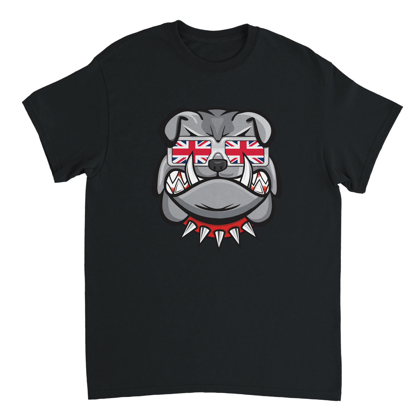 Black t-shirt with a bulldog graphic wearing sunglasses with UK flags