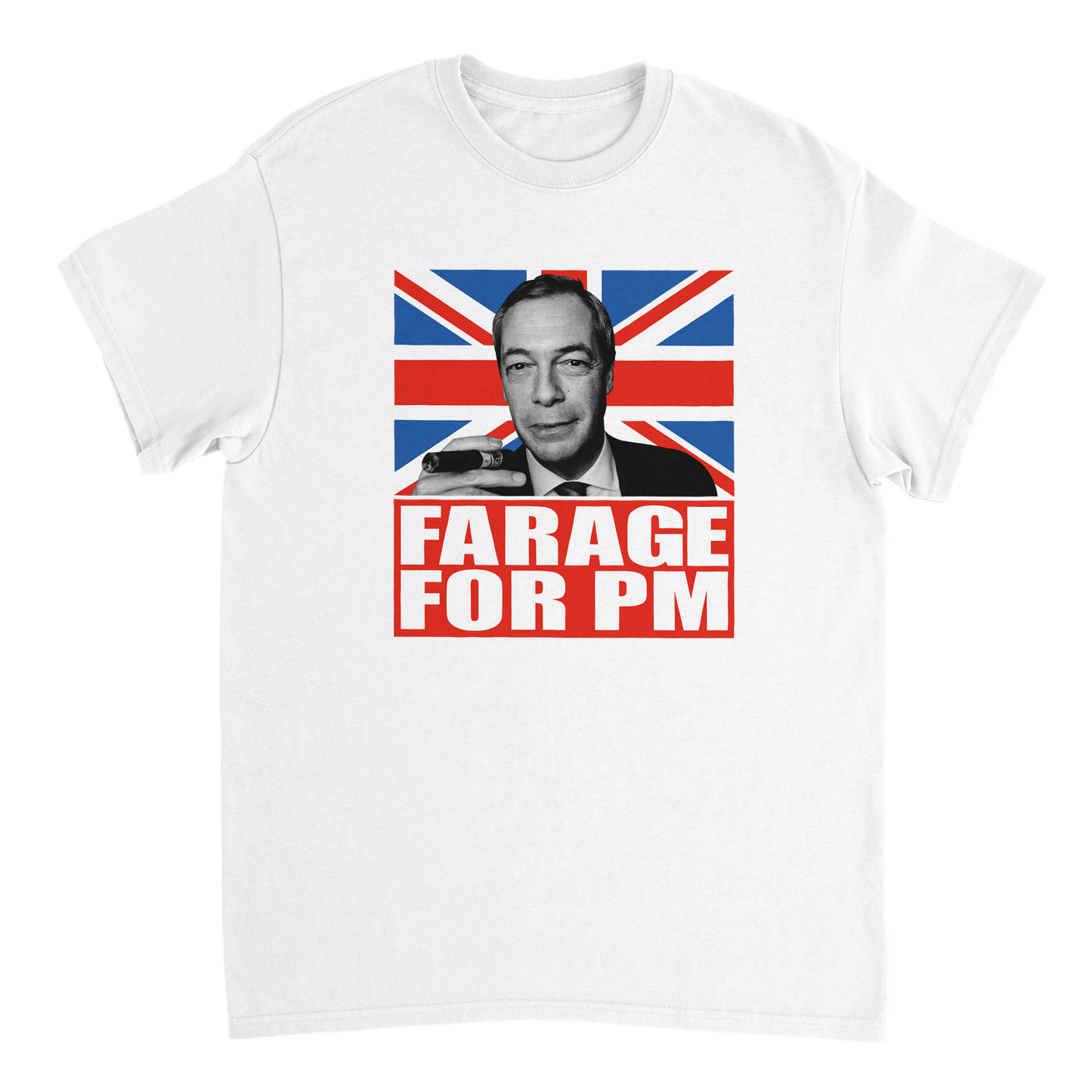 White t-shirt with a graphic of Nigel Farage, British flag, and 'Farage for PM' text