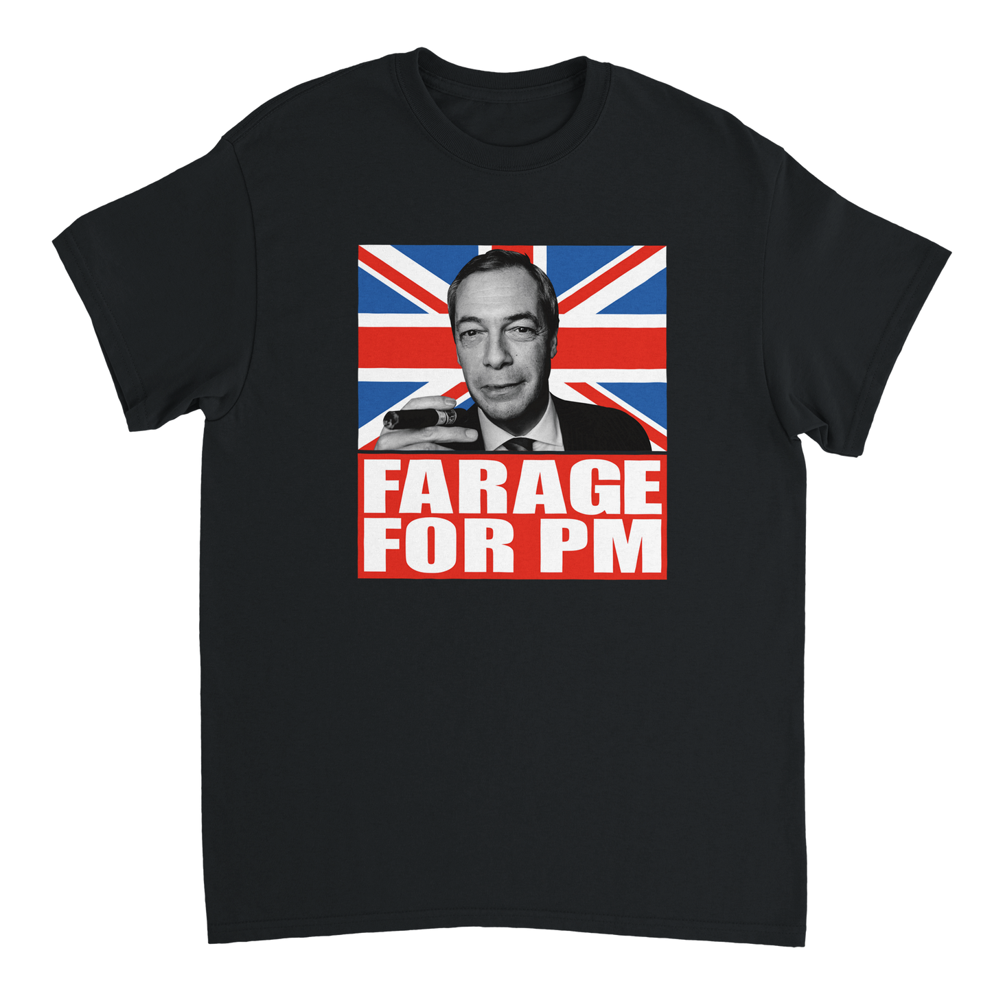 Black t-shirt with a graphic of Nigel Farage, Union Jack, and 'Farage for PM' text