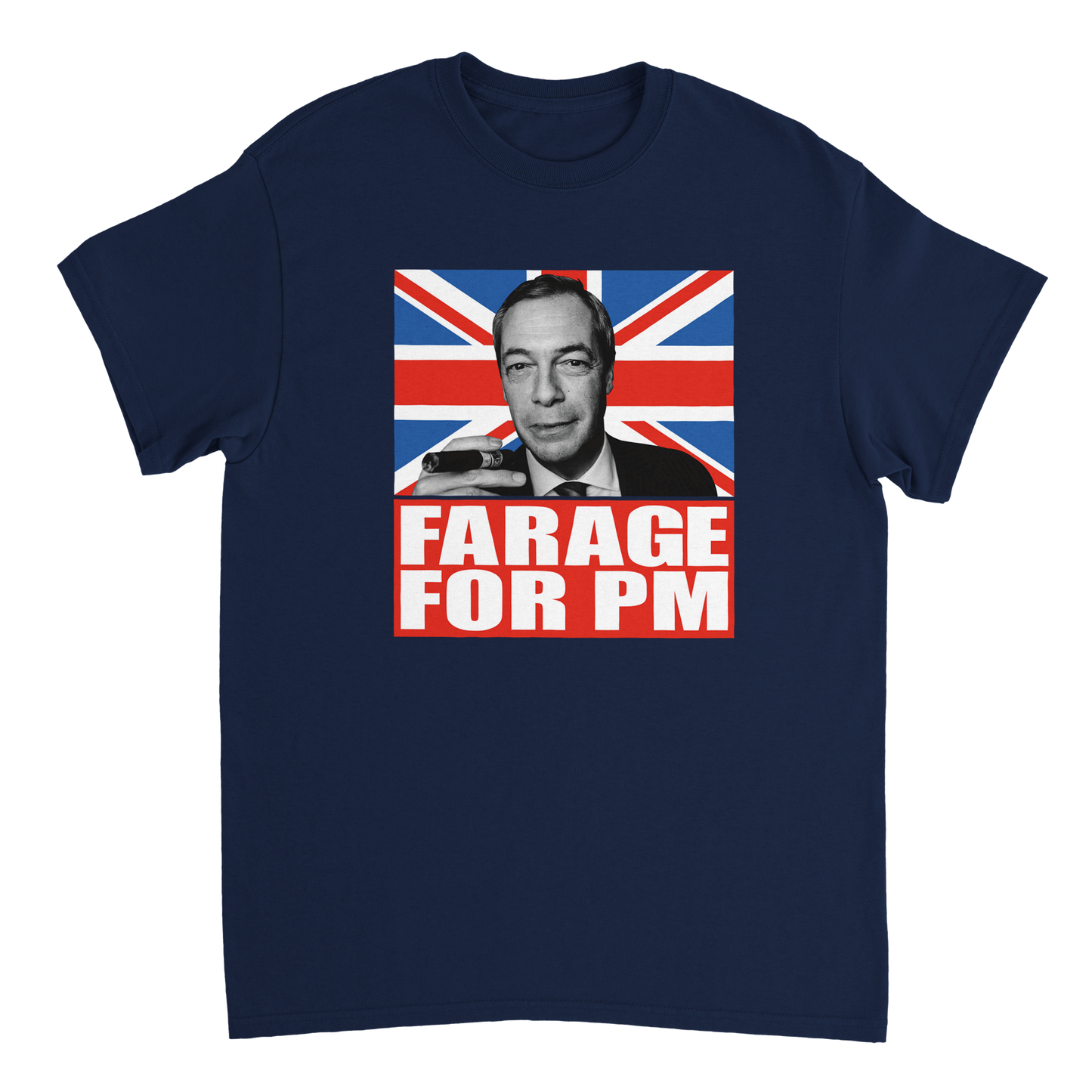 Navy blue t-shirt with a graphic of Nigel Farage, Union Jack, and 'Farage for PM' text