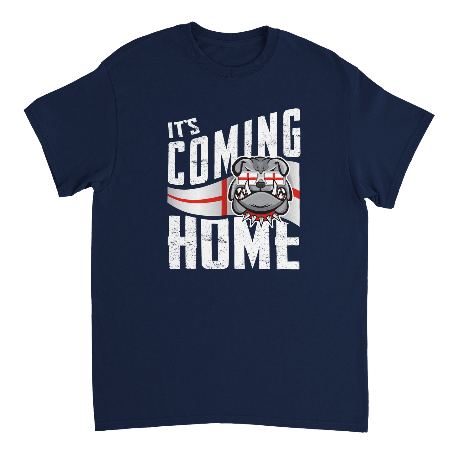 It's Coming Home Football T-Shirt featuring a St George's Cross design with an English Bulldog. BritCulture.com