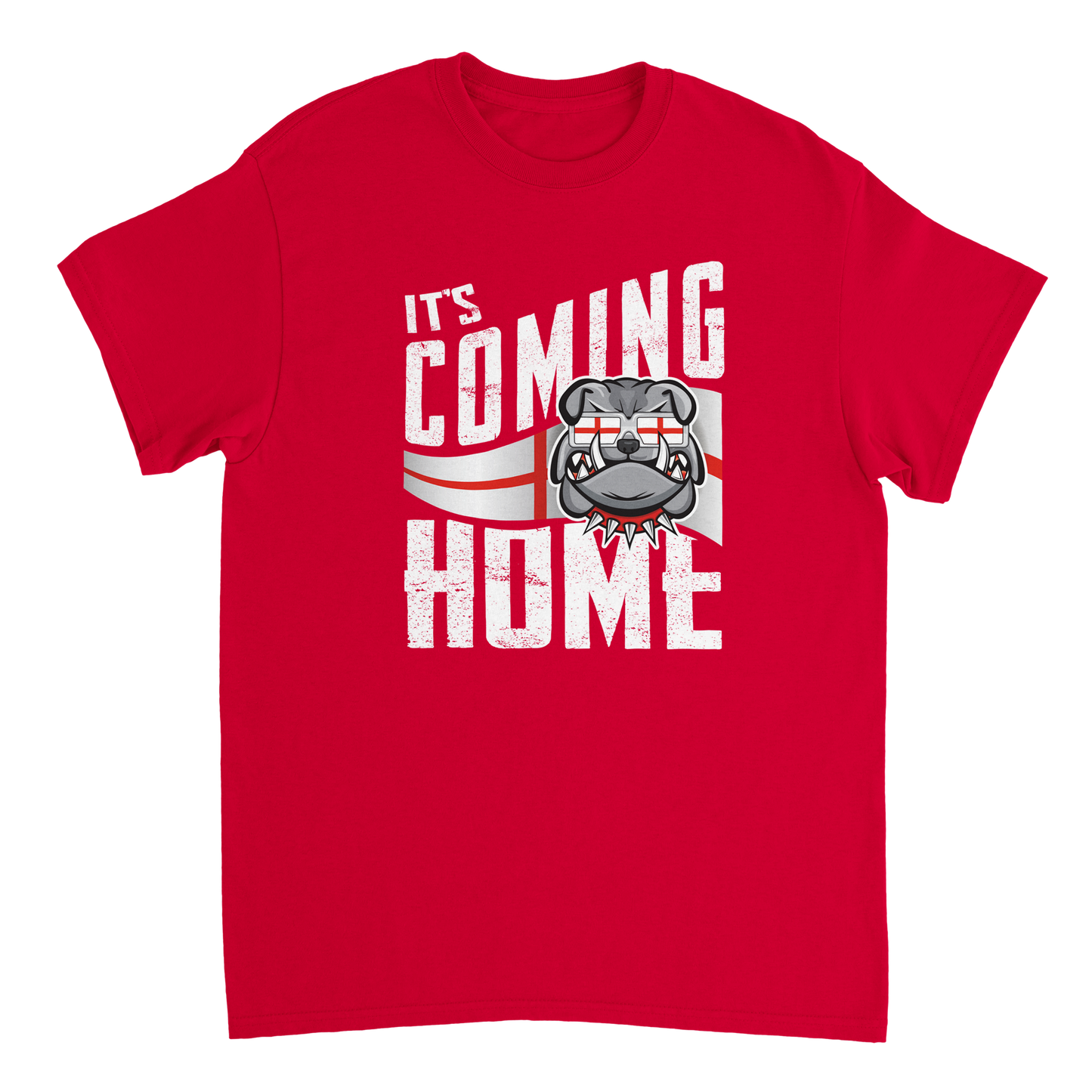 It's Coming Home Football T-Shirt featuring a St George's Cross design with an English Bulldog. BritCulture.com