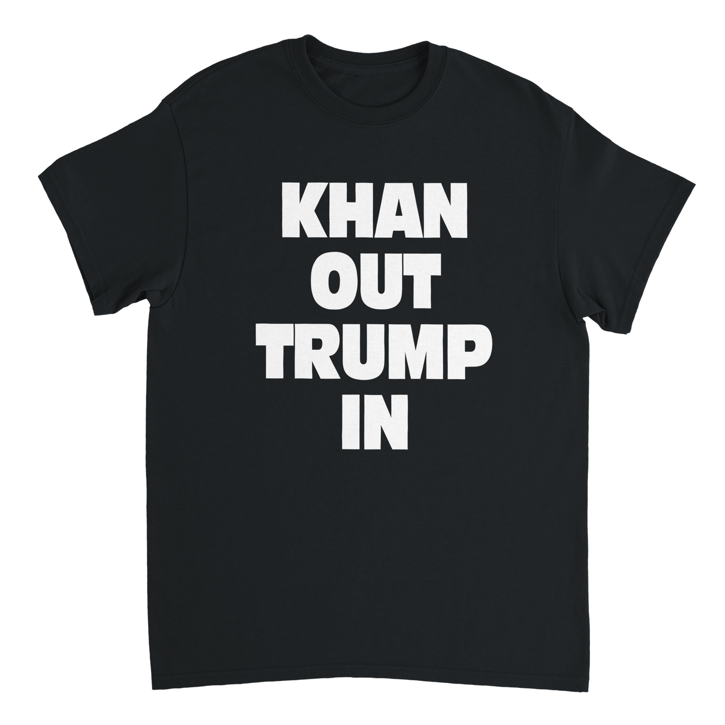Black t-shirt with 'Khan Out Trump In' text