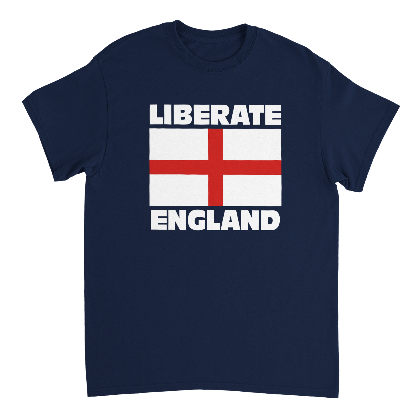 Navy blue t-shirt with 'Liberate England' design featuring a St George's Cross flag