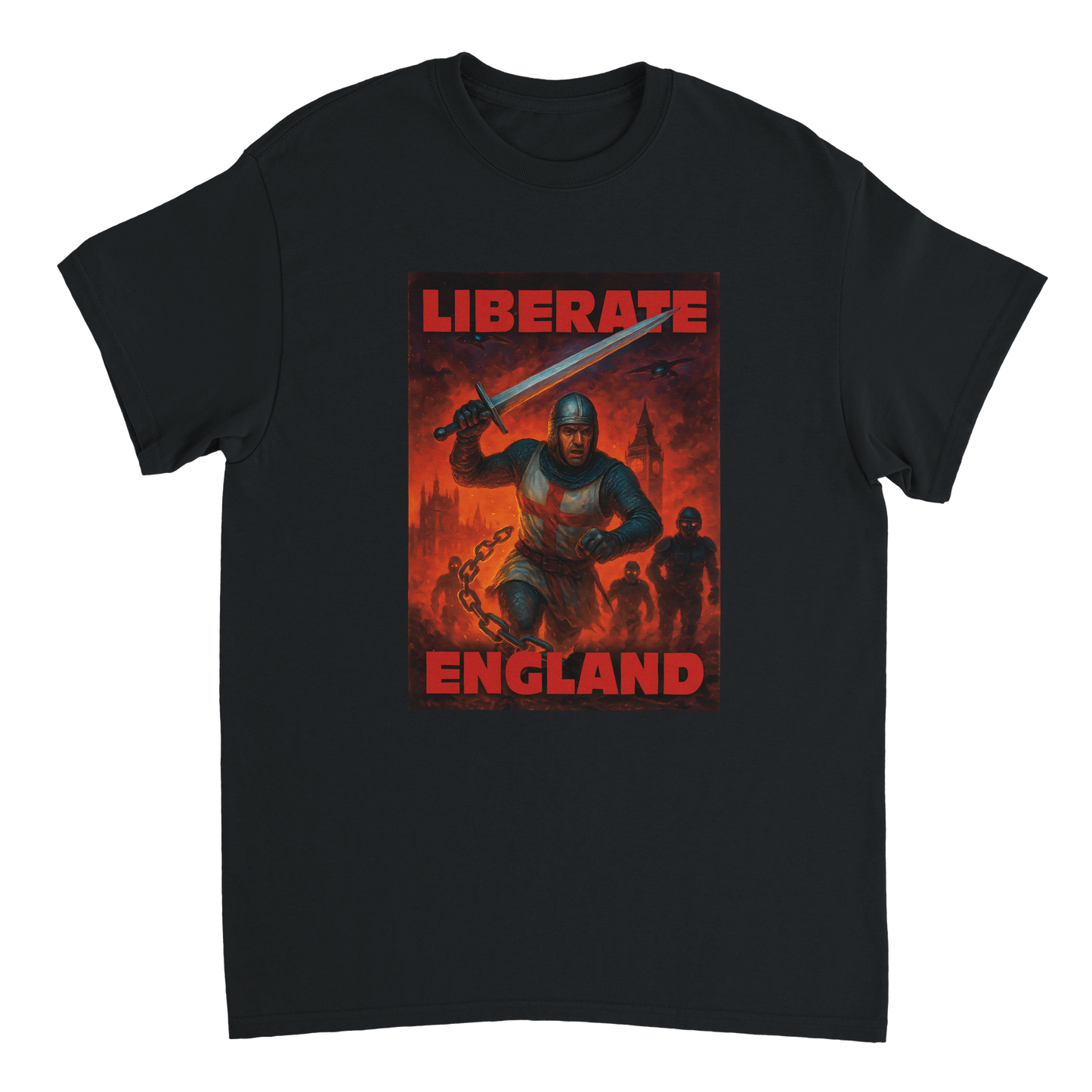 Liberate England T-Shirt featuring St George liberating a dystopian England from the tyrannical Prime Minister, Keir Starmer and his treacherous Labour government.