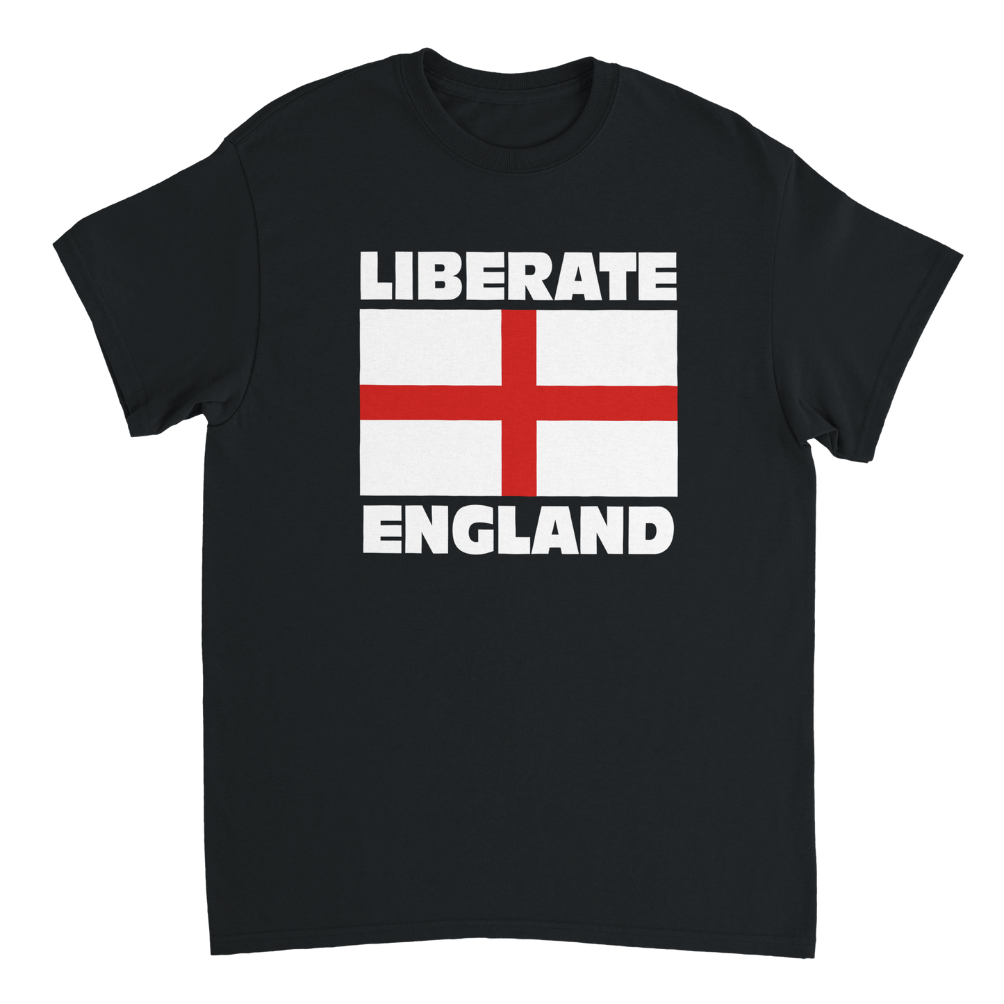 Liberate England St George Cross T-Shirt featuring the St George Cross flag, the perfect way to let the far-left establishment know that the English people have had enough.