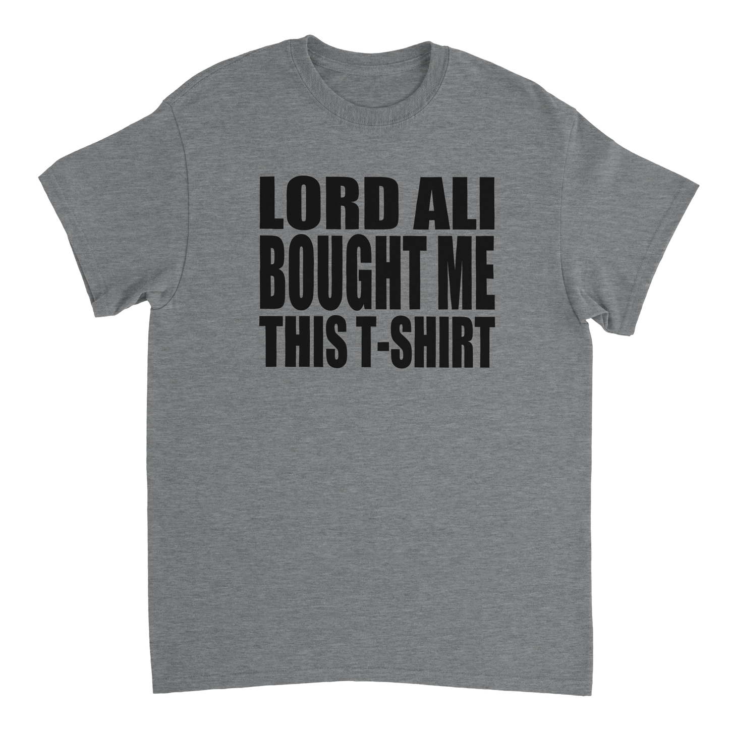 Grey t-shirt with black text 'LORD ALL BOUGHT ME THIS T-SHIRT'