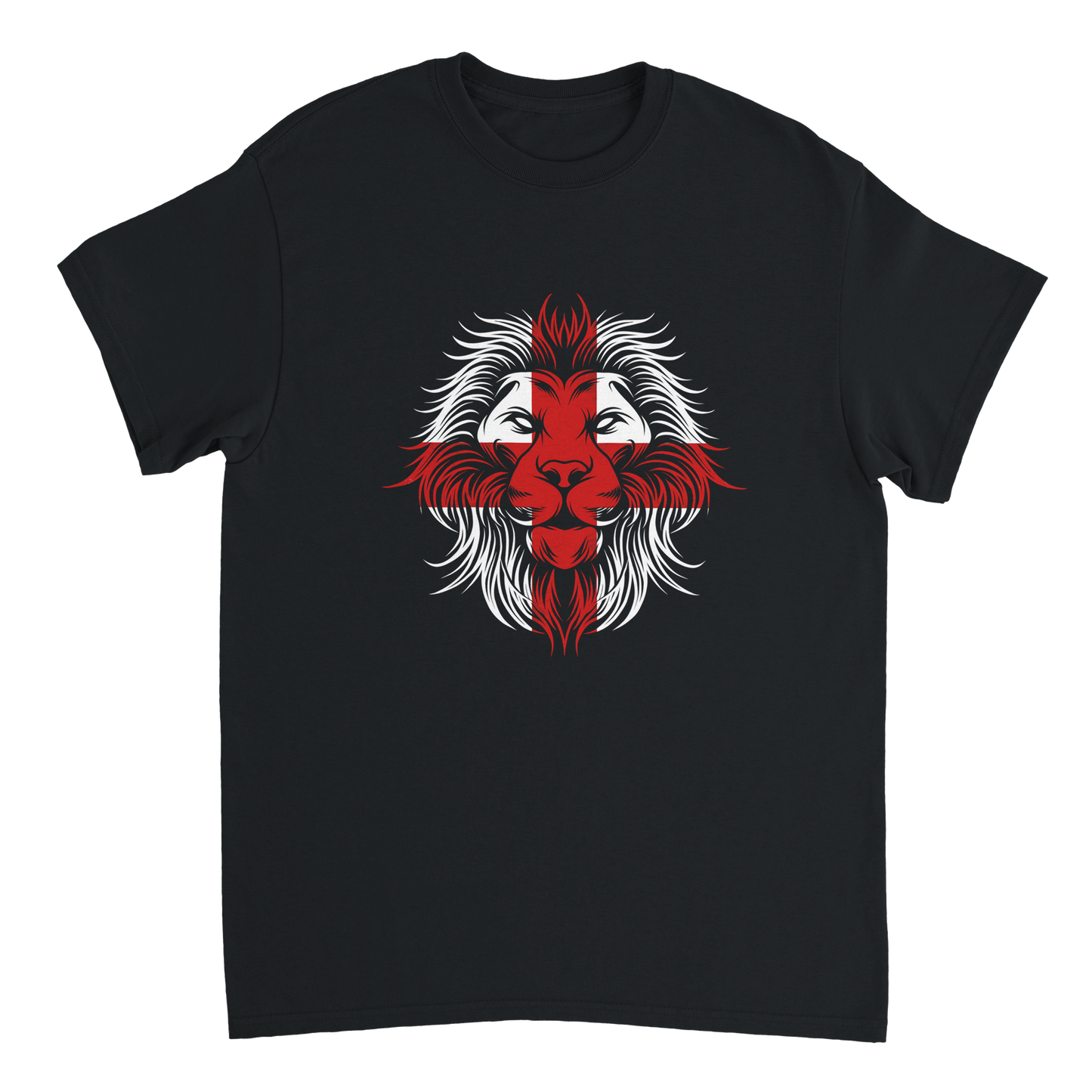 Black t-shirt with a lion head design overlayed with the St George Cross England flag. BritCulture.com