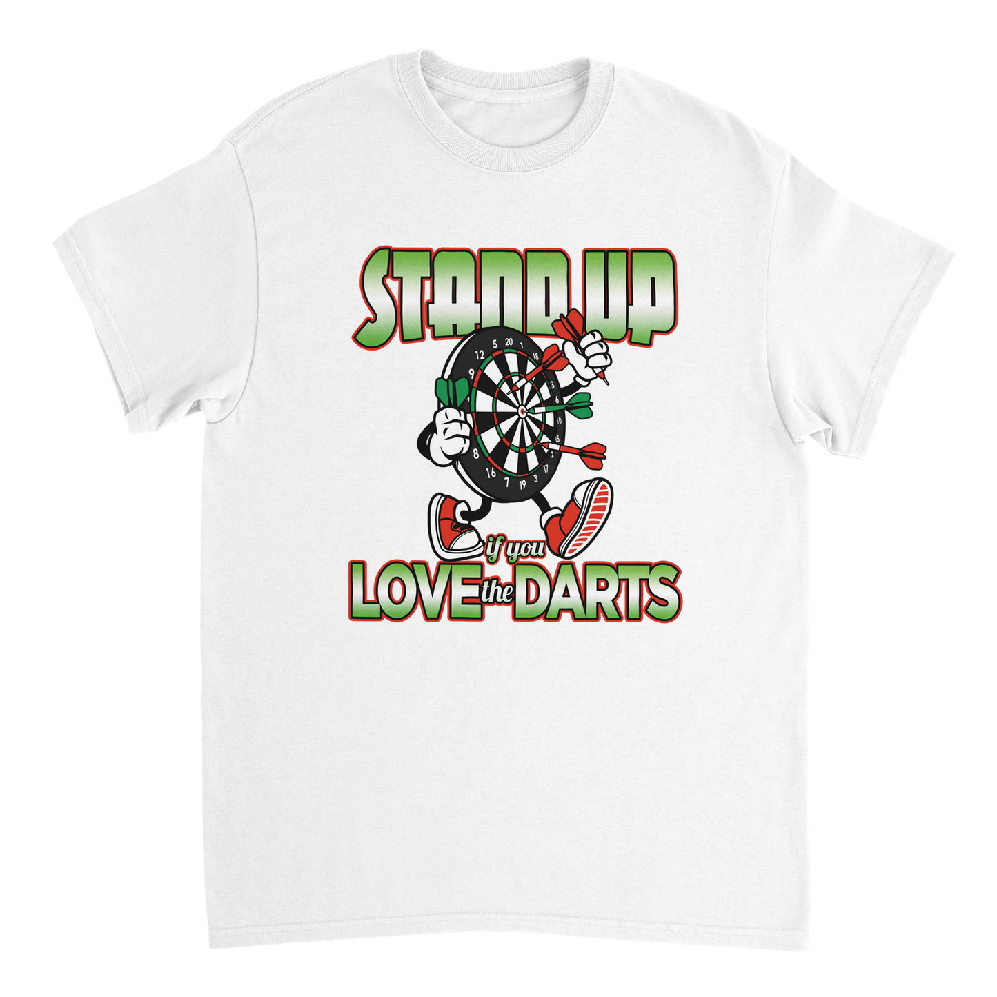 White t-shirt with a graphic design of a dartboard and text on a white background
