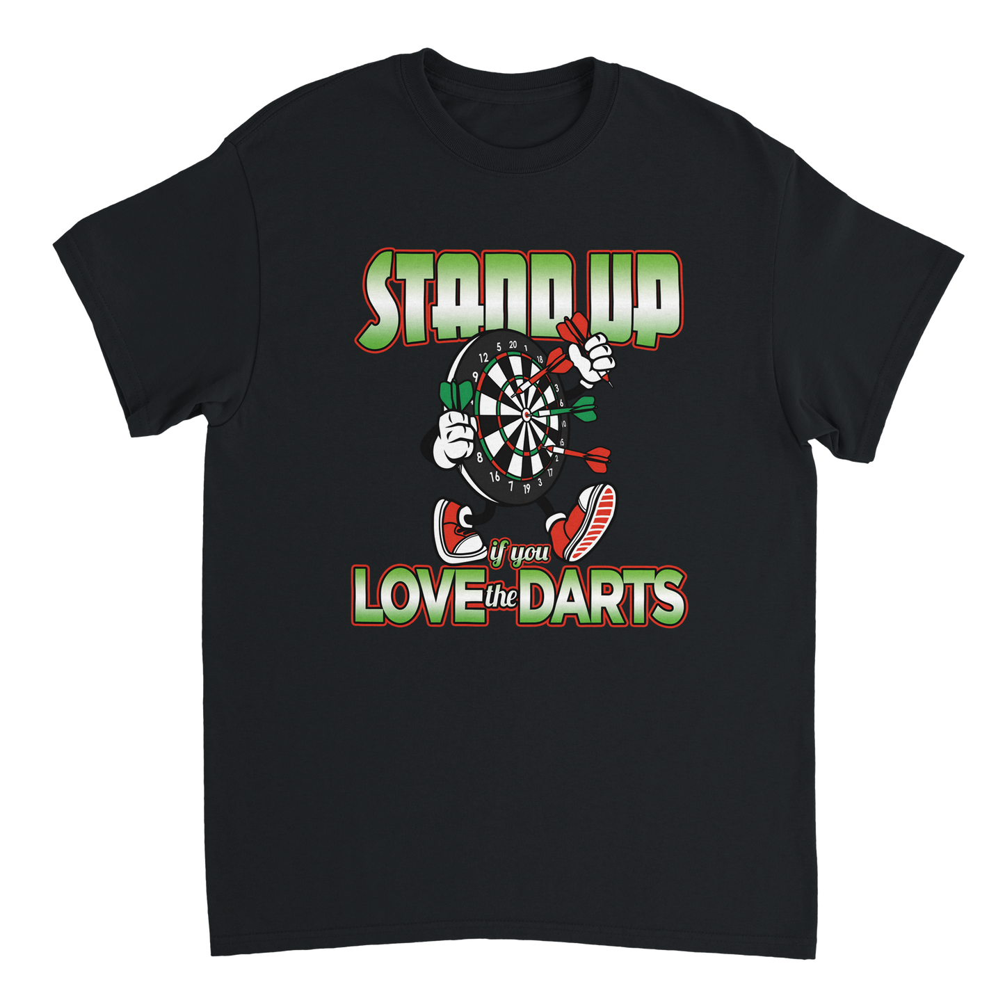 Black t-shirt with a colourful graphic of a cartoon character holding darts and a dartboard, with text 'Stand Up if you Love the Darts'.