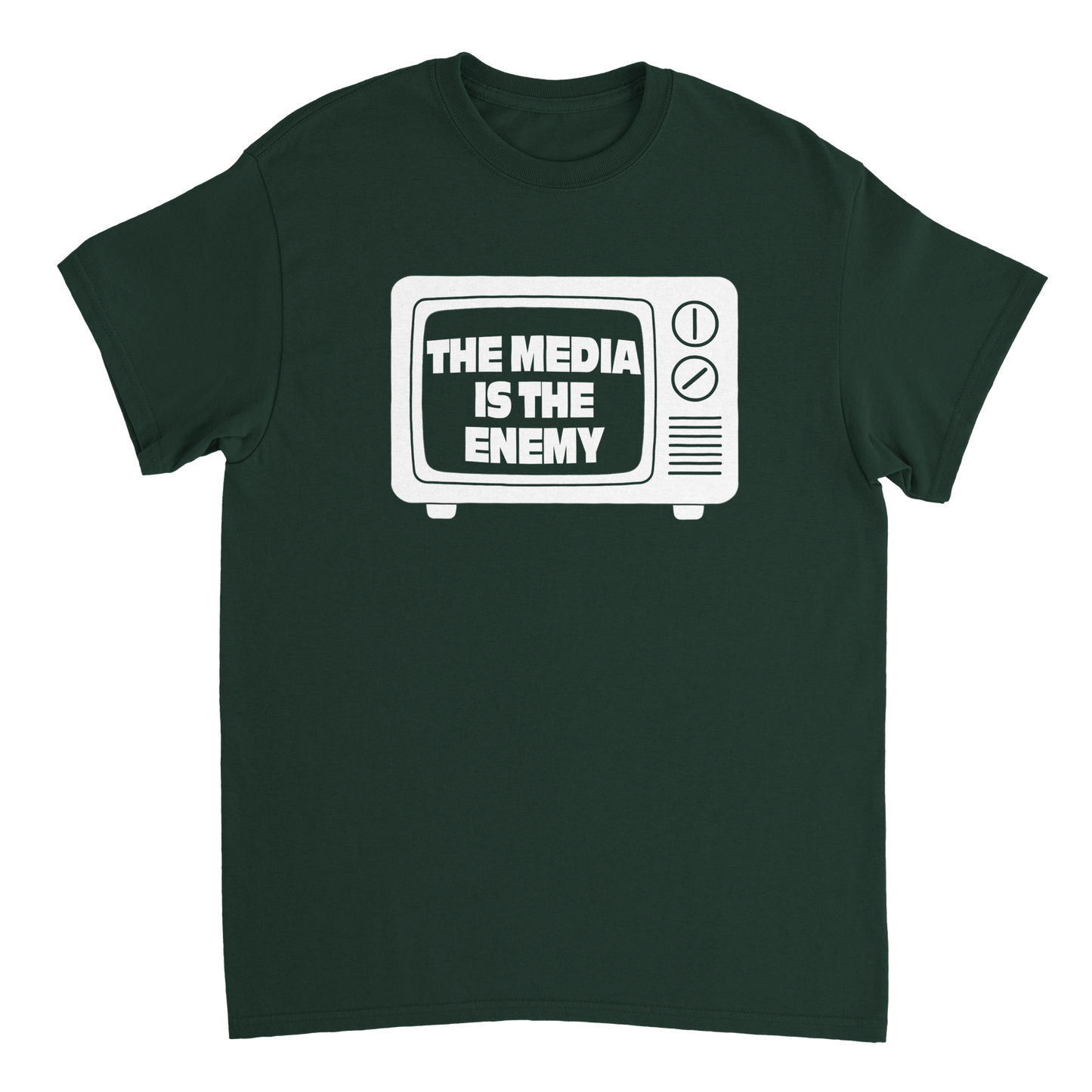 Dark green t-shirt with a graphic of a television set and 'The Media is the Enemy' text