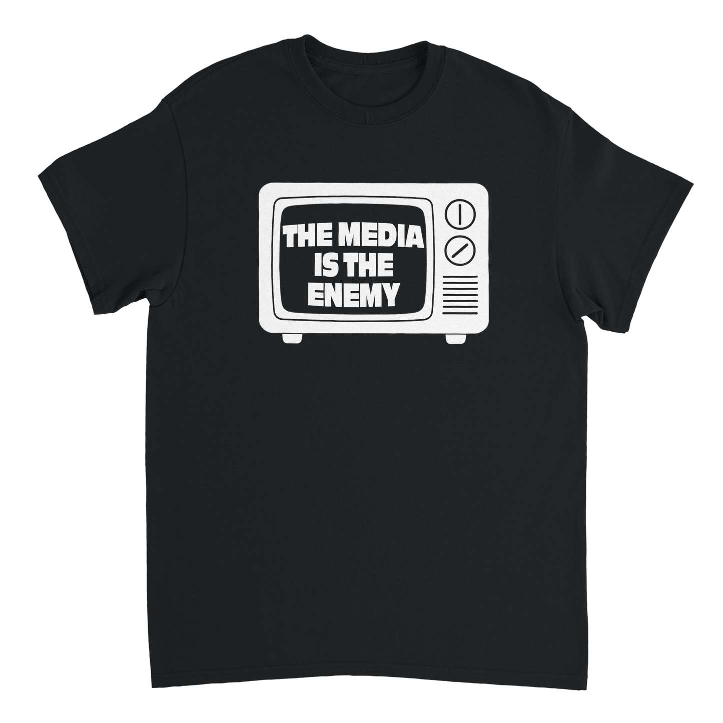 Black t-shirt with a graphic of a television set and 'The Media is the Enemy' text
