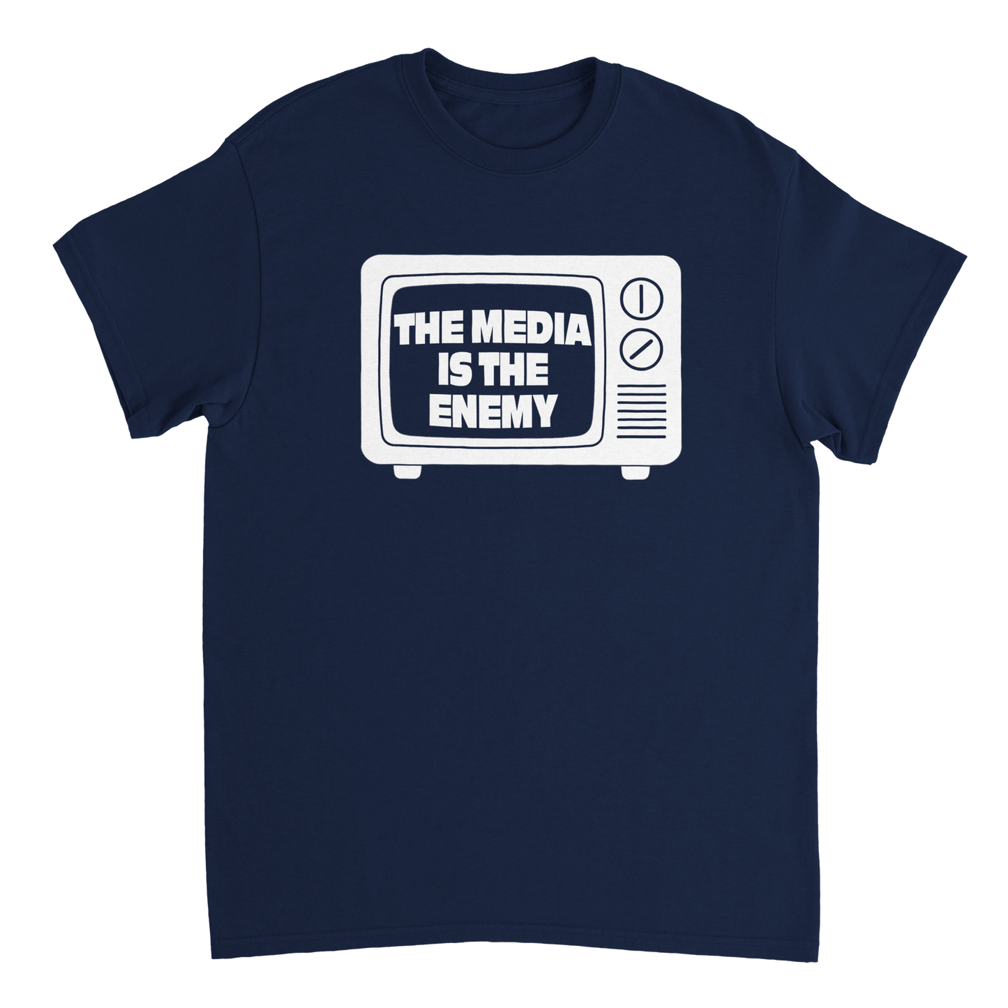 Navy blue t-shirt with a graphic of a television set and text 'The Media is the Enemy'