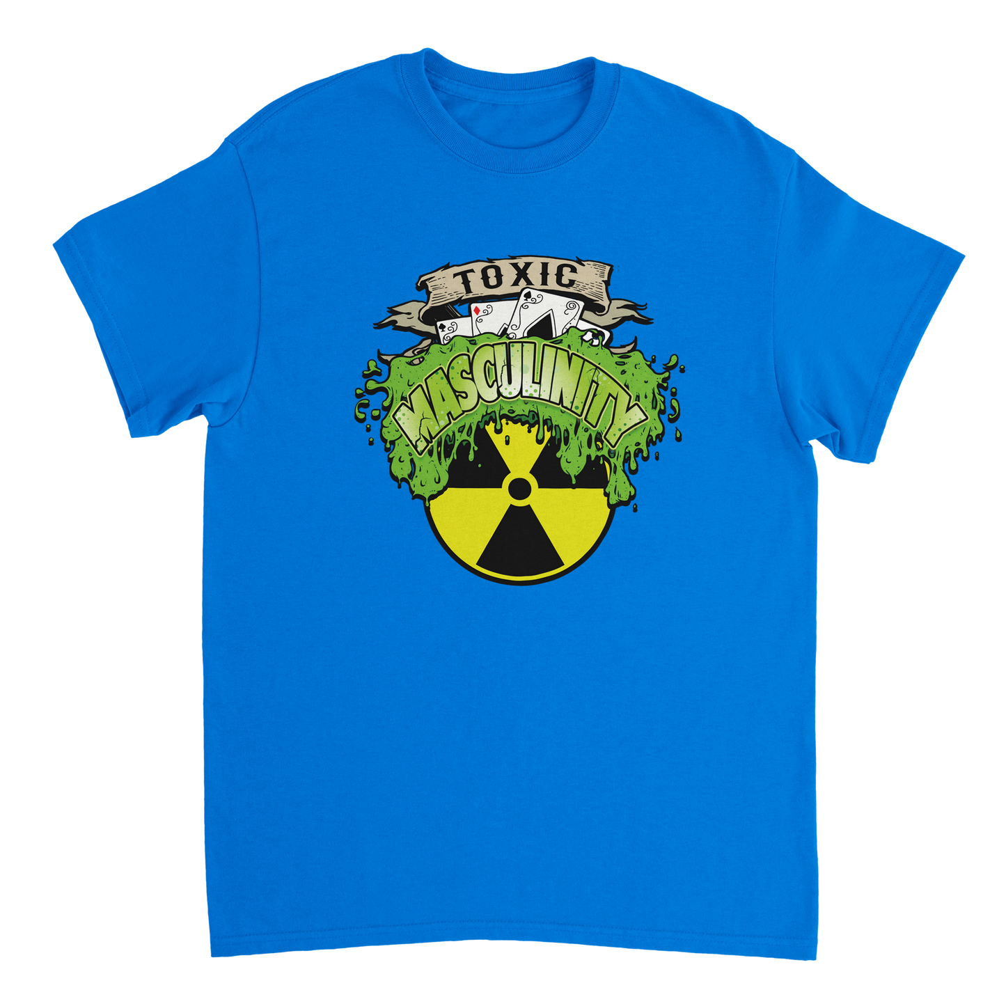 Toxic Masculinity Blue t-shirt with a graphic design featuring a radioactive symbol and text