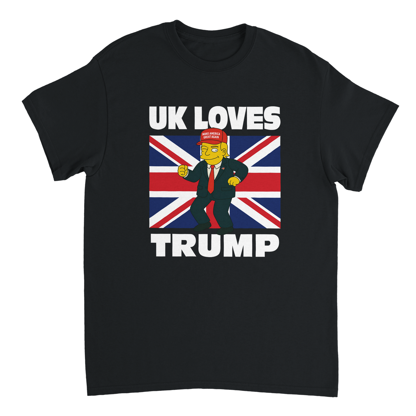 Black t-shirt with funny dancing Donald Trump cartoon character with a Union Jack background and the words "UK LOVES TRUMP"