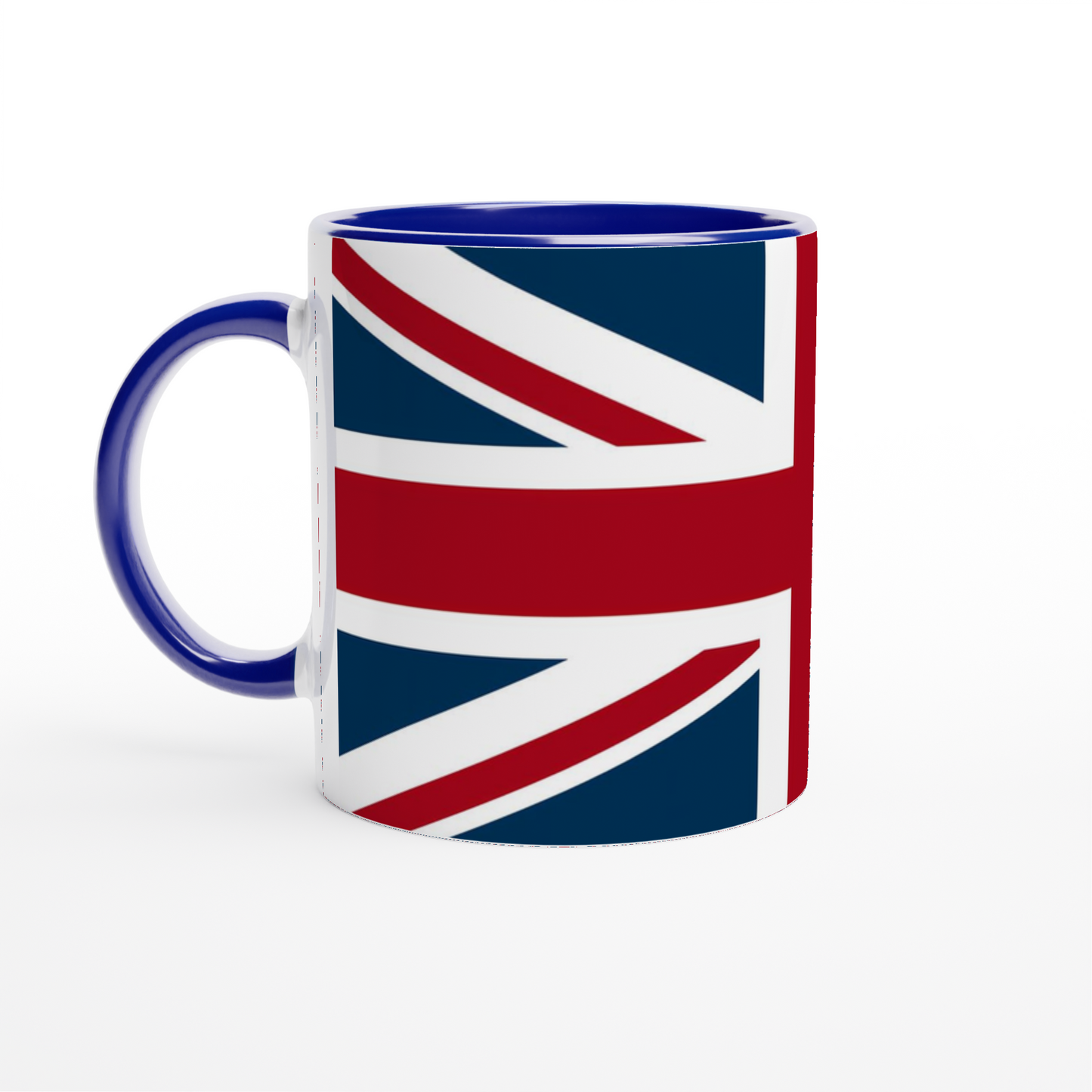 Patriotic 11oz ceramic coffee Mug with Union Jack design and blue inside and handle.