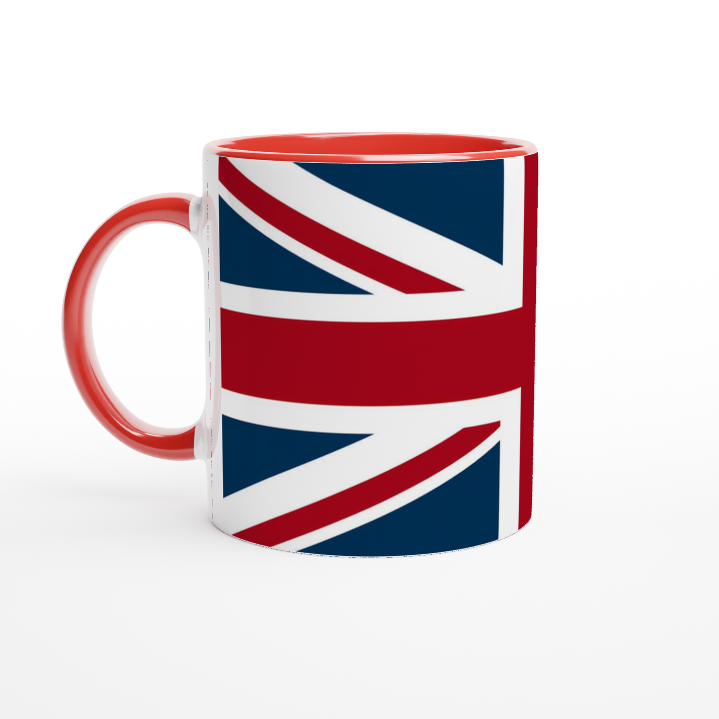 Patriotic 11oz ceramic coffee Mug with Union Jack design and red inside and handle.