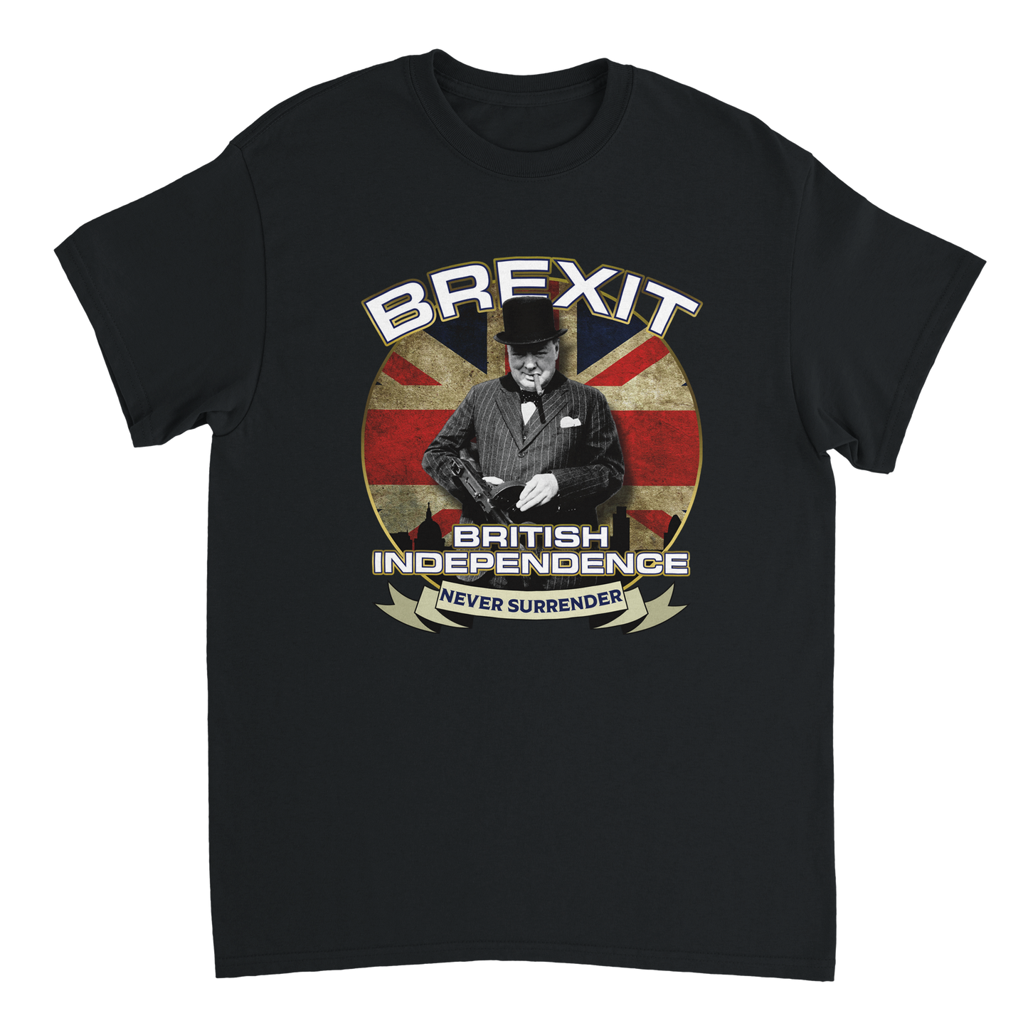 Winston Churchill Brexit T-Shirt - Iconic Winston Churchill image on a patriotic Union Jack flag background with the words Brexit, British Independence and one of Churchill's most famous quotes, Never Surrender.