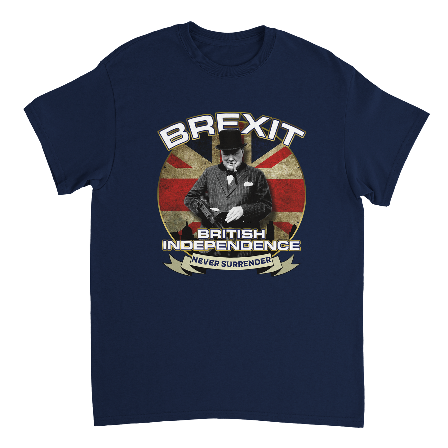 Winston Churchill Brexit T-Shirt - Iconic Winston Churchill image on a patriotic Union Jack flag background with the words Brexit, British Independence and one of Churchill's most famous quotes, Never Surrender.
