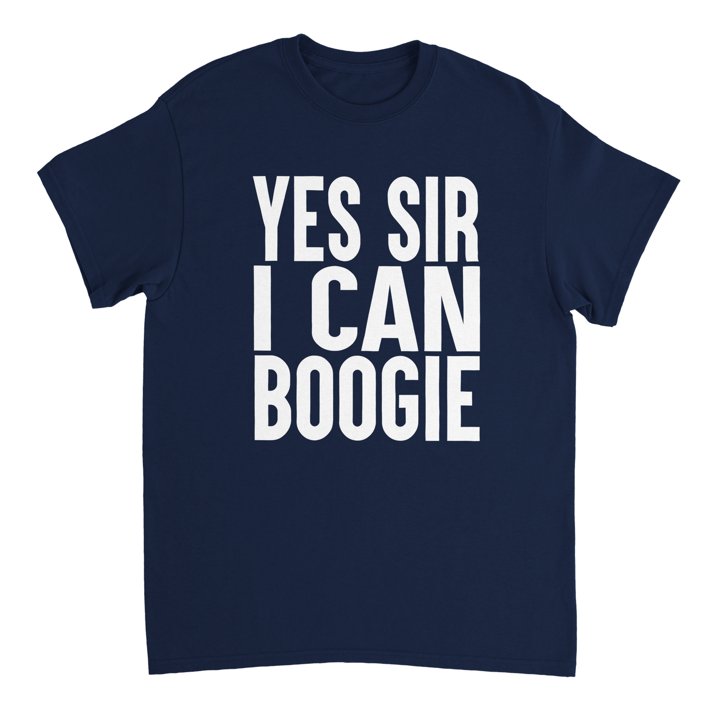 Navy blue t-shirt with white text 'YES SIR I CAN BOOGIE'