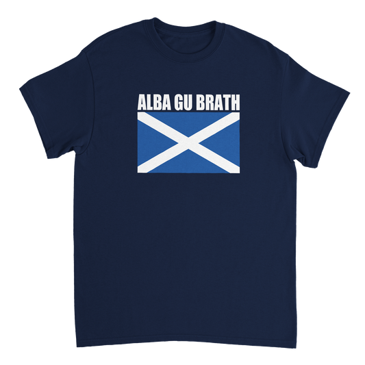 Navy blue t-shirt with Scottish flag and 'ALBA GU BRATH' text 