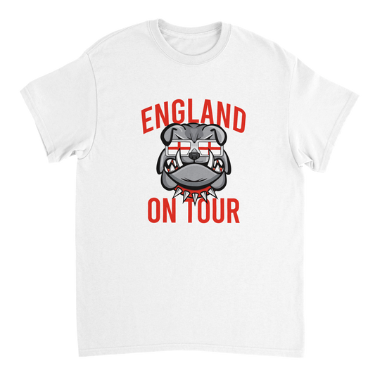England On Tour T-Shirt - Retro England Football shirt design featuring the classic English Bulldog with St George's Cross flag sunglasses. Italia 90 vibes