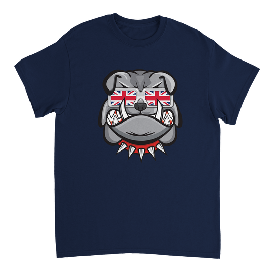 English Bulldog with Union Jack Sunglasses T-Shirt - The classic symbol of Britishness, the iconic English Bulldog.