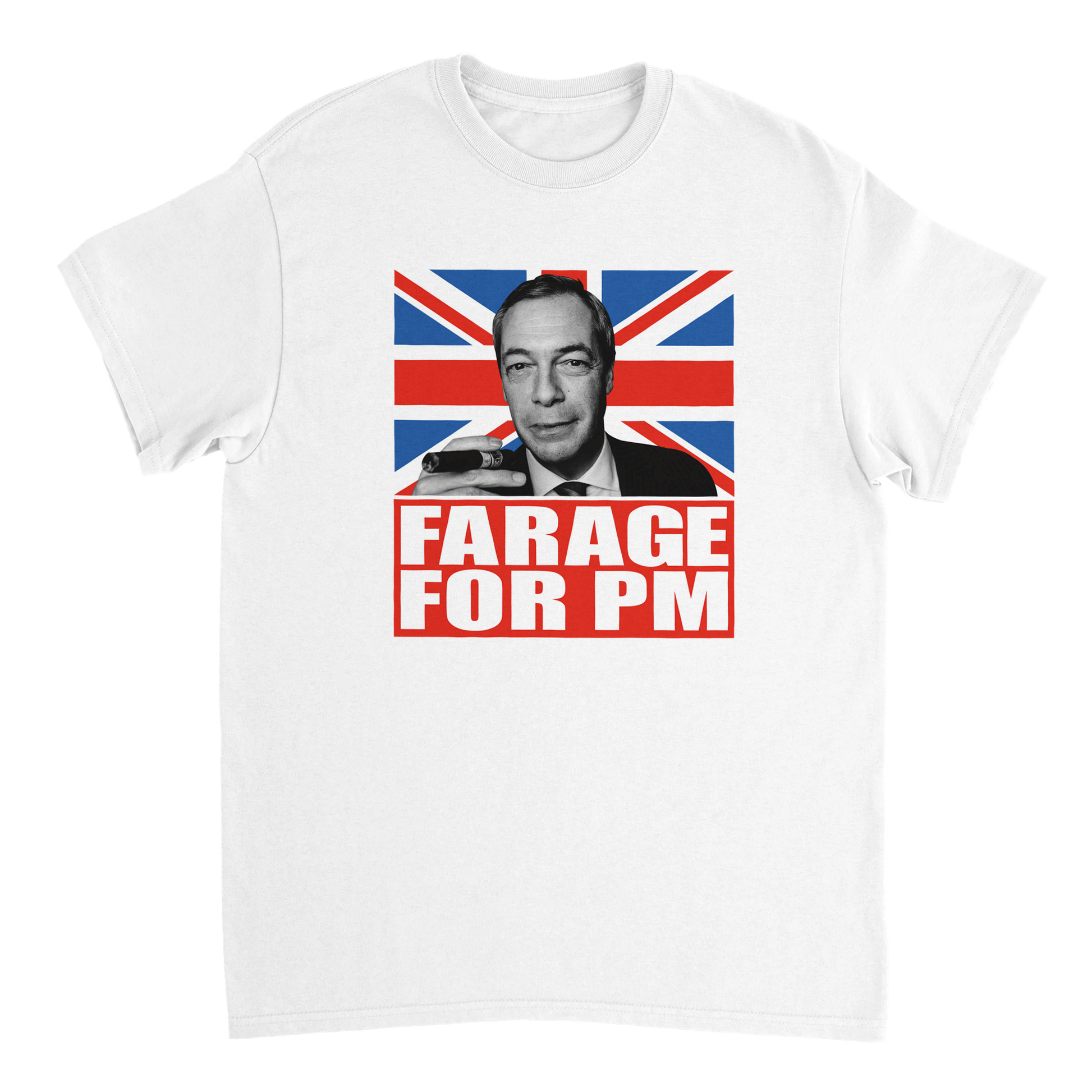 White t-shirt with a graphic of Nigel Farage, British flag, and 'Farage for PM' text 