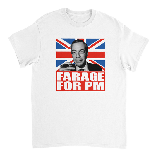 White t-shirt with a graphic of Nigel Farage, British flag, and 'Farage for PM' text 