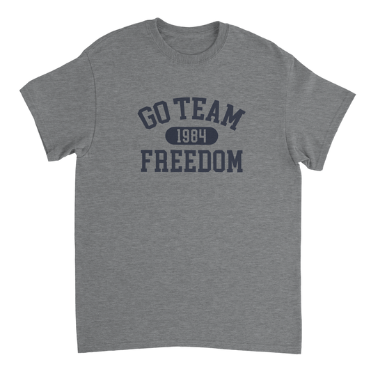 Go Team Freedom 1984 T-Shirt in the style of a retro American college gym shirt.
