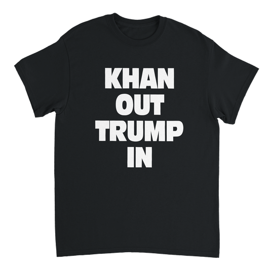 Black t-shirt with 'Khan Out Trump In' text