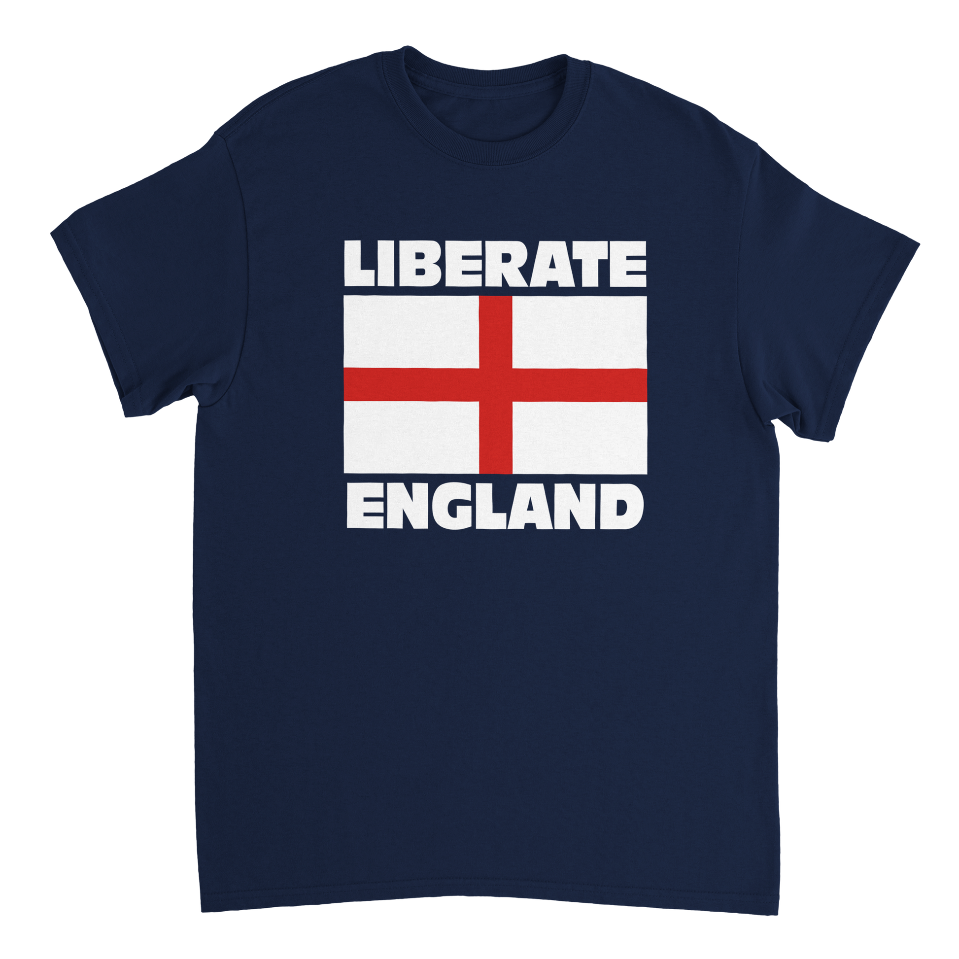 Navy blue t-shirt with 'Liberate England' design featuring a St George's Cross flag