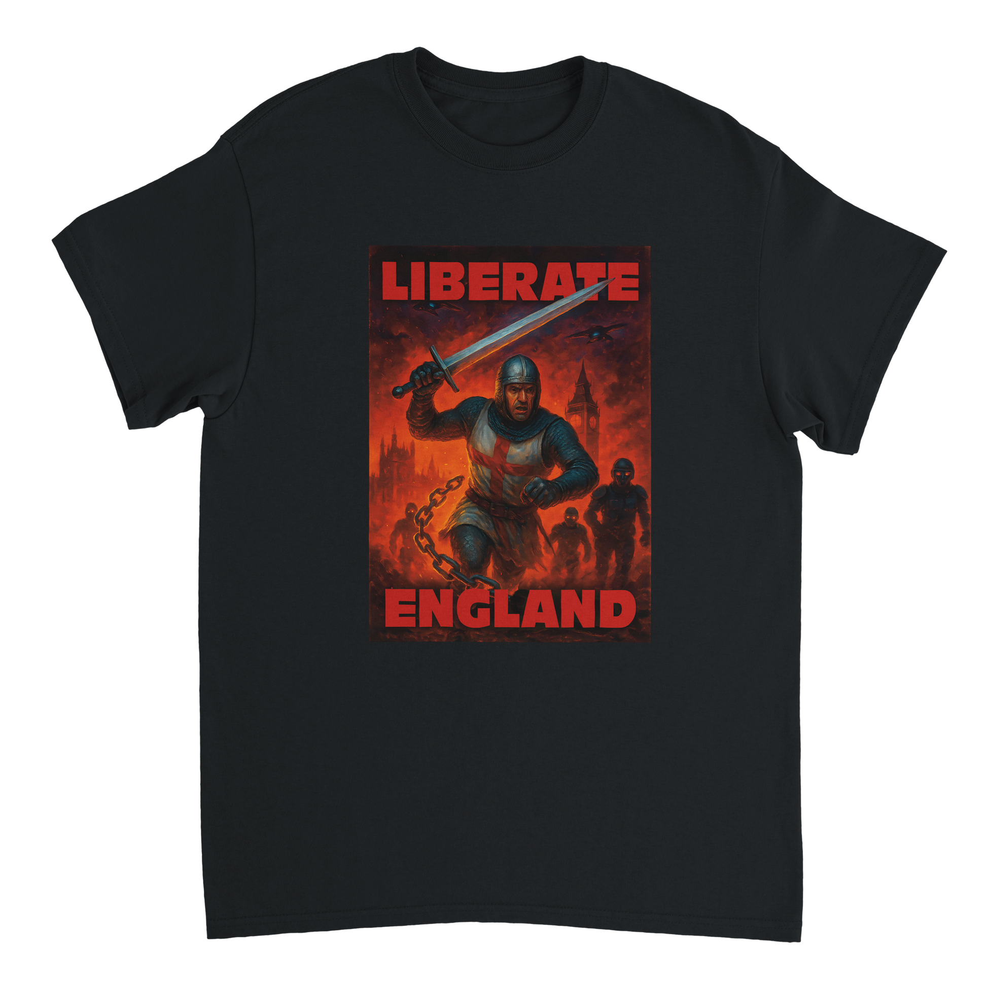 Liberate England T-Shirt featuring St George liberating a dystopian England from the tyrannical Prime Minister, Keir Starmer and his treacherous Labour government.