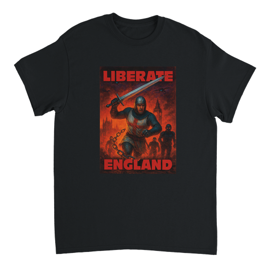 Liberate England T-Shirt featuring St George liberating a dystopian England from the tyrannical Prime Minister, Keir Starmer and his treacherous Labour government.