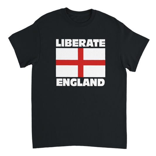 Liberate England St George Cross T-Shirt featuring the St George Cross flag, the perfect way to let the far-left establishment know that the English people have had enough.