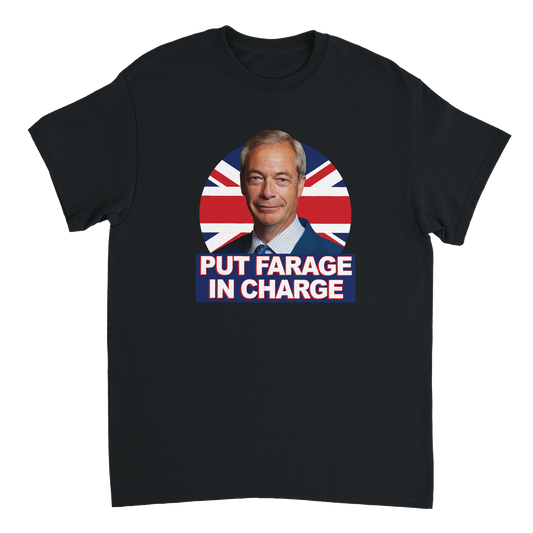 Put Farage In Charge T Shirt featuring Nigel Farage with a Union Jack background.