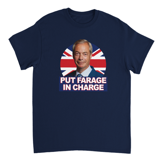 Put Farage In Charge T Shirt featuring Nigel Farage with a Union Jack background.