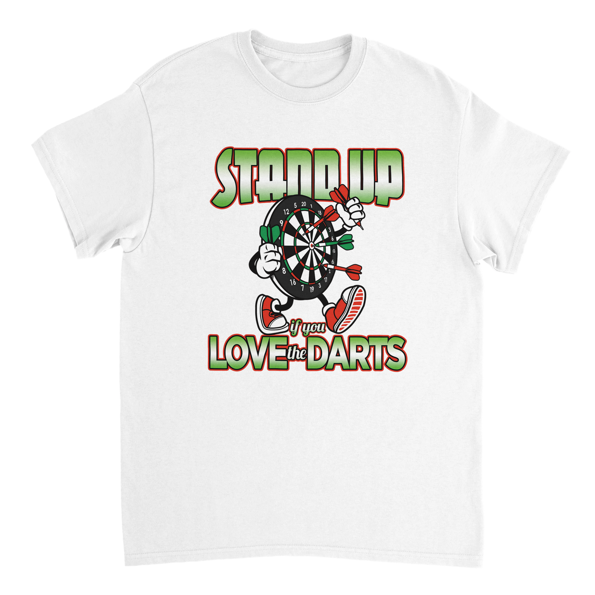 White t-shirt with a graphic design of a dartboard and text on a white background