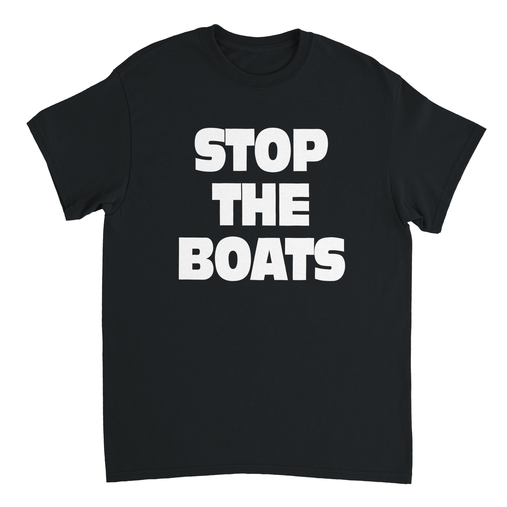 Black t-shirt with 'STOP THE BOATS' text in bold white font.