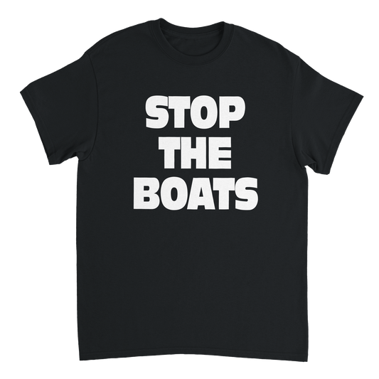 Black t-shirt with 'STOP THE BOATS' text in bold white font.