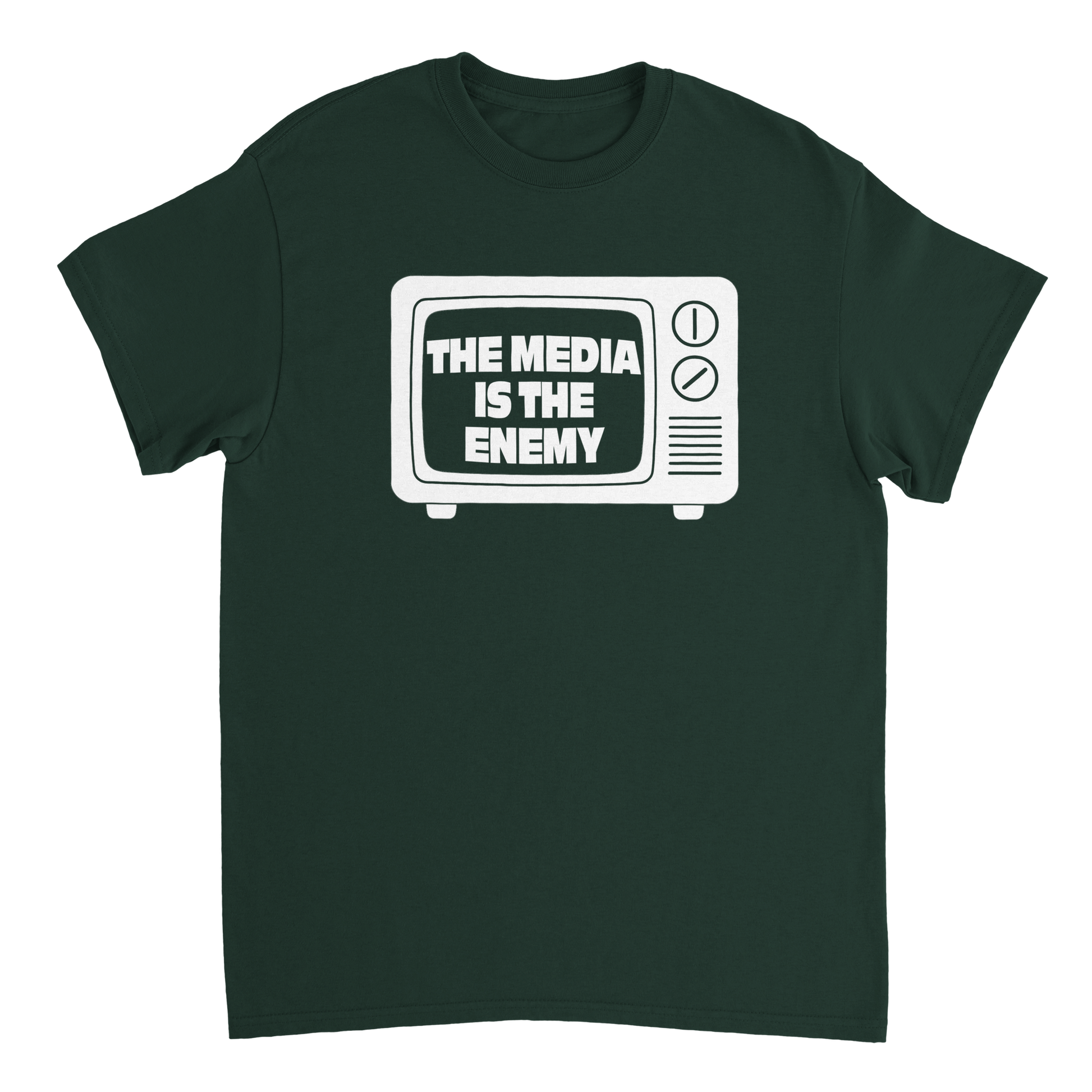 Dark green t-shirt with a graphic of a television set and 'The Media is the Enemy' text 
