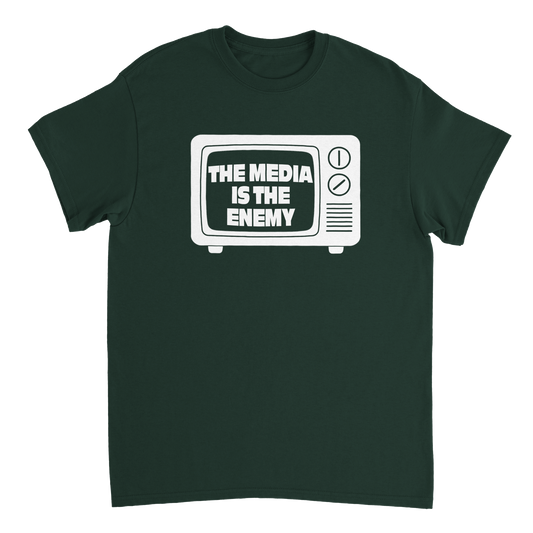Dark green t-shirt with a graphic of a television set and 'The Media is the Enemy' text 