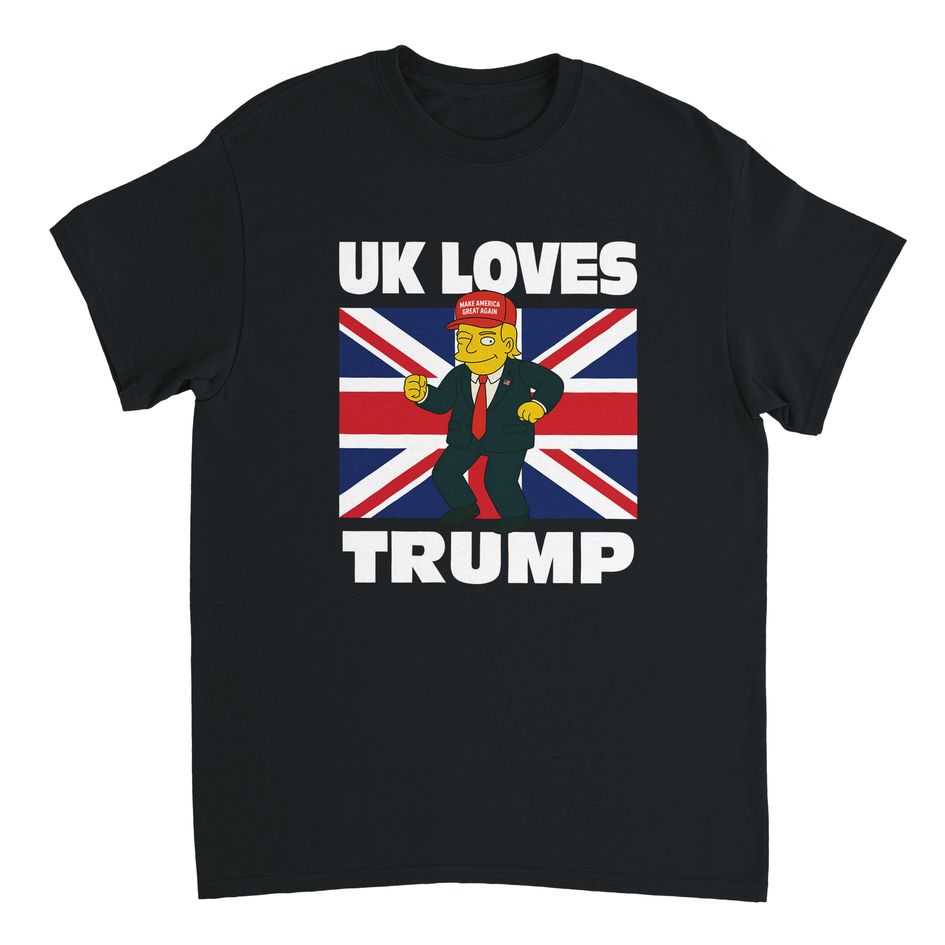 Black t-shirt with funny dancing Donald Trump cartoon character with a Union Jack background and the words "UK LOVES TRUMP"