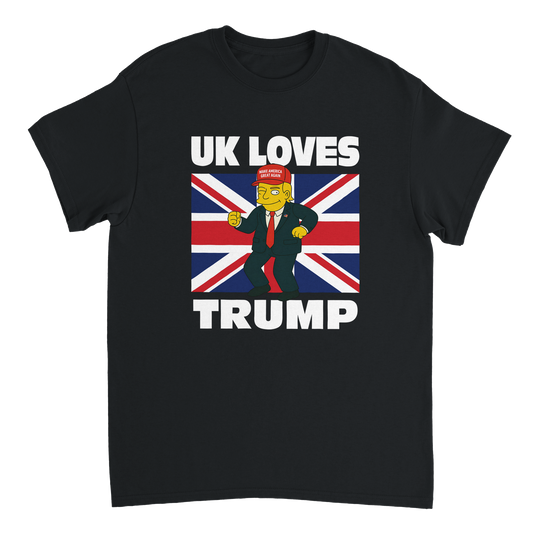 Black t-shirt with funny dancing Donald Trump cartoon character with a Union Jack background and the words "UK LOVES TRUMP"