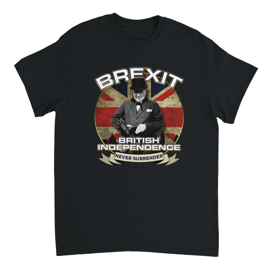 Winston Churchill Brexit T-Shirt - Iconic Winston Churchill image on a patriotic Union Jack flag background with the words Brexit, British Independence and one of Churchill's most famous quotes, Never Surrender.